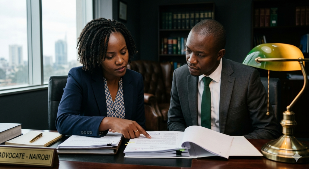 A foreign investor and a Kenyan property lawyer reviewing land acquisition documents in Nairobi — legal due diligence steps for foreigners buying land in Kenya in 2026.