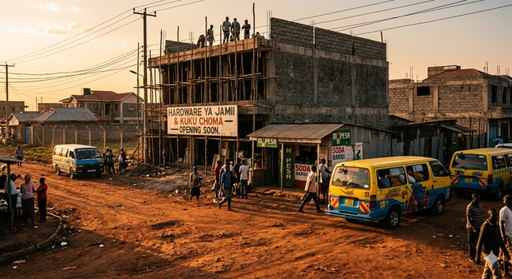 New construction and commercial development along a Kitengela main road in 2025 — why Kitengela is attracting foreign real estate investment in the Nairobi metropolitan corridor.