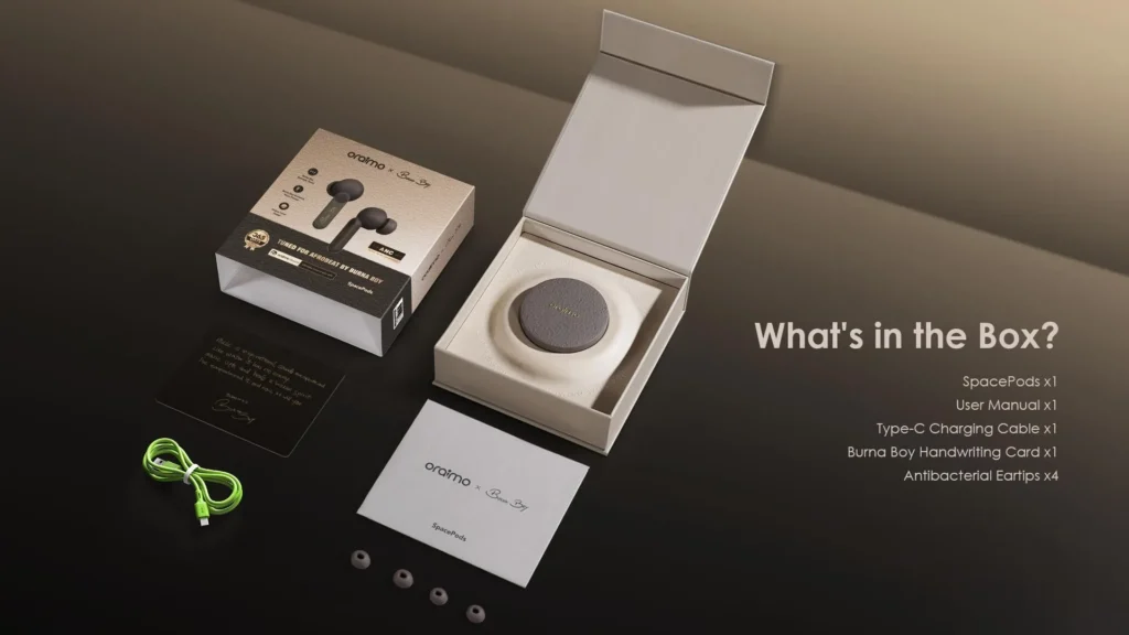 Oraimo SpacePods unboxing contents - earbuds, USB-C cable and ear tips
