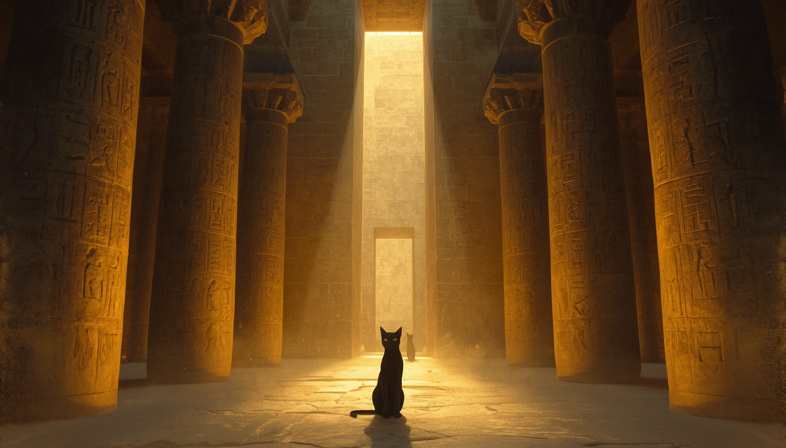 Black cat facing the camera directly inside an ancient Egyptian temple, a second cat visible in the background — knowing, ancient, present