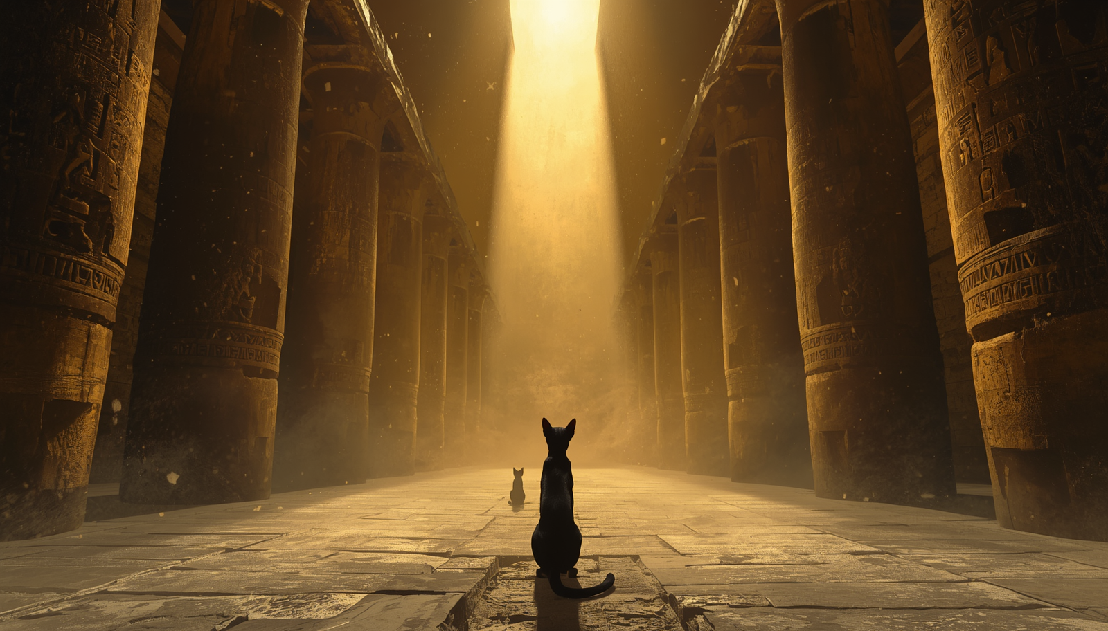 Two black cats silhouetted from behind, walking toward golden light between ancient columns — continuity, tradition, the long observation