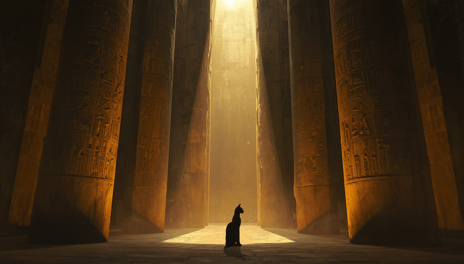 Black cat silhouette in an ancient Egyptian temple — golden light between hieroglyphic columns