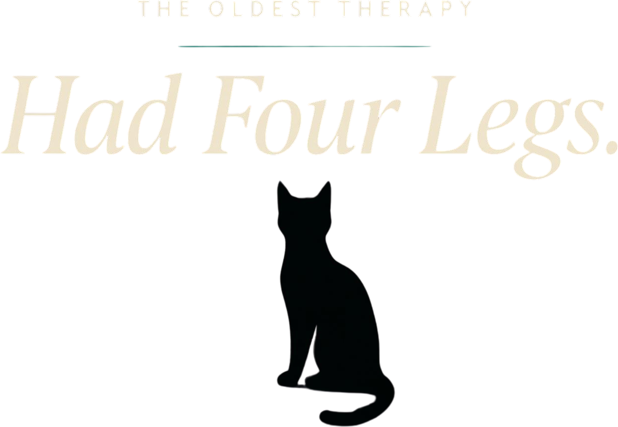 The Oldest Therapy Had Four Legs — editorial typographic card with cat silhouette, Nnalolile For Business