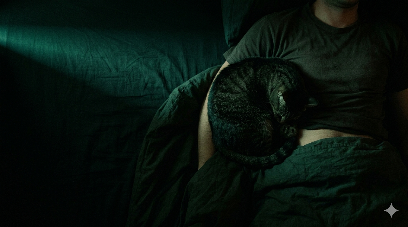 Dark tabby cat curled on a person's chest at night — teal-green ambient light, intimate, private