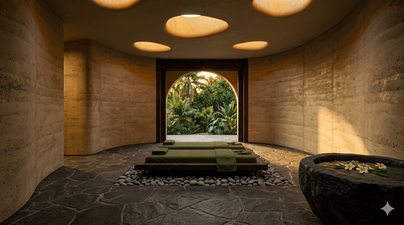 YVI Sensual Health and Wellness Centre — proposed interior concept: curved rammed earth walls, stone floor, treatment platform, tropical garden archway, golden light