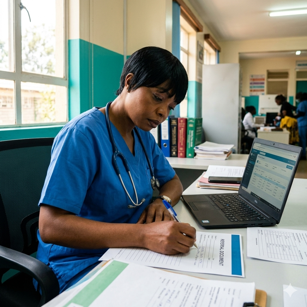 Spicas Nursing Home nurse welcoming a patient — compassionate healthcare in Kenya
