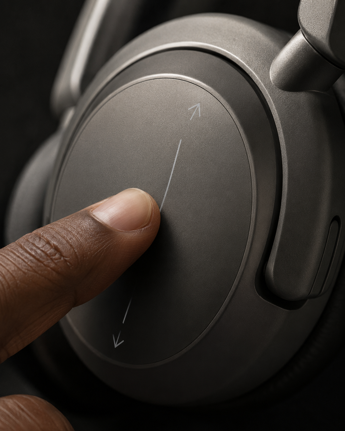 Oraimo BoomPop Pro swipe control ear cup detail — gesture surface close-up