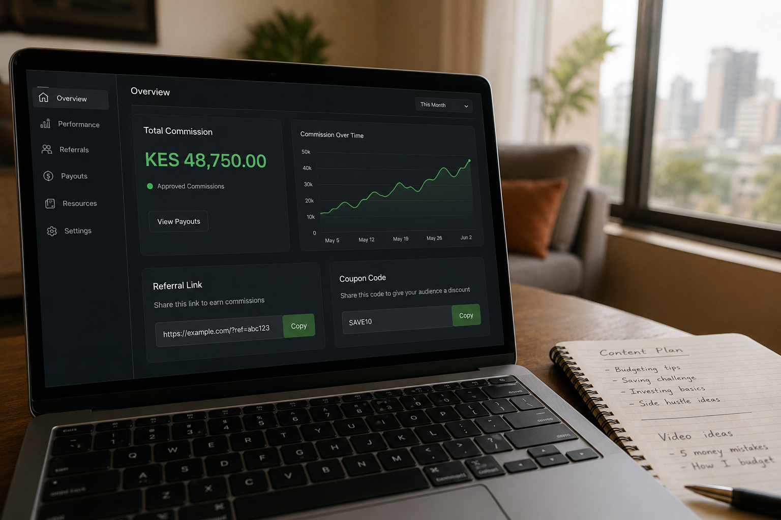 Oraimo Commission Affiliate dashboard — referral link, coupon code, earnings