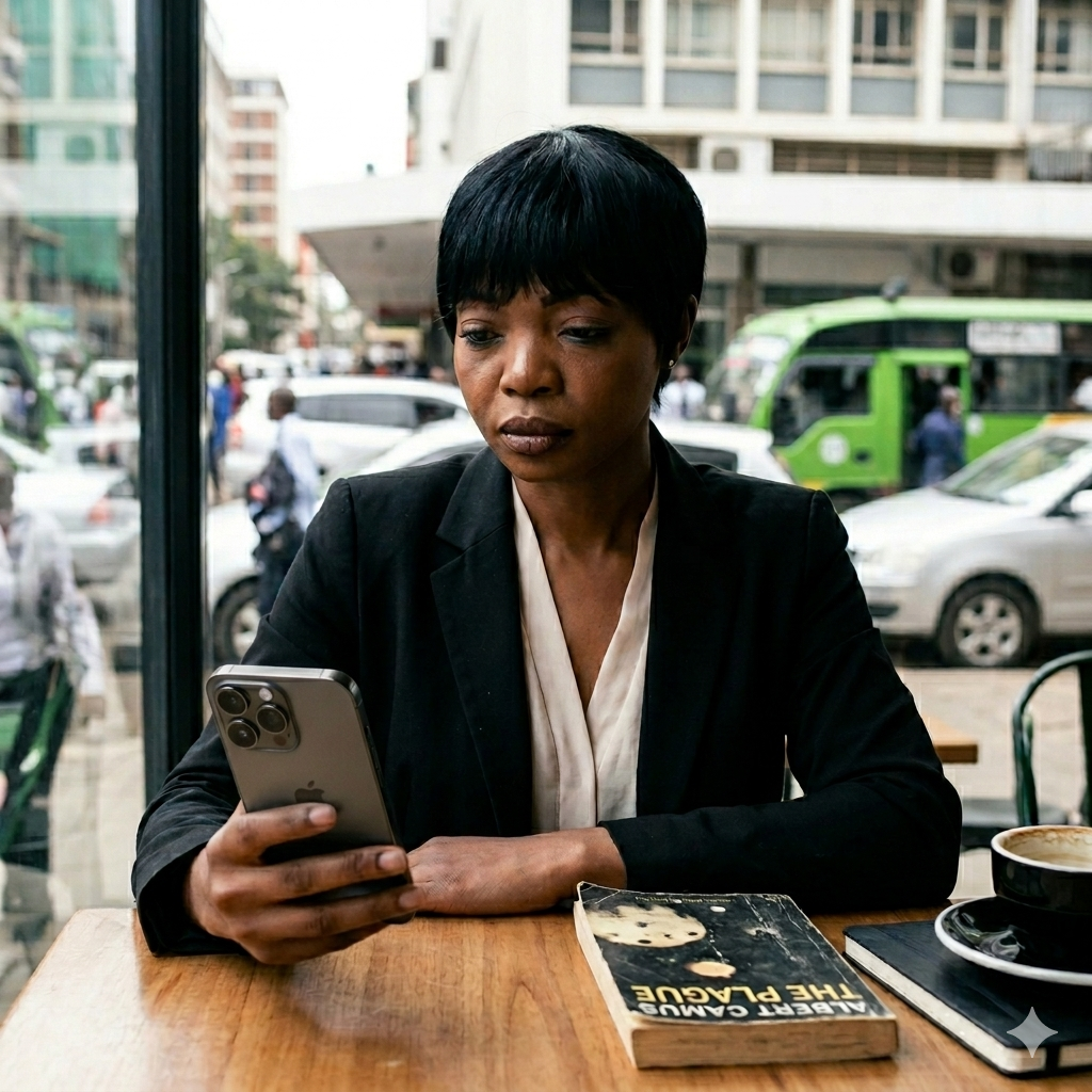 A Kenyan professional woman reading a Ministry of Health advisory on her phone beside a copy of The Plague by Albert Camus