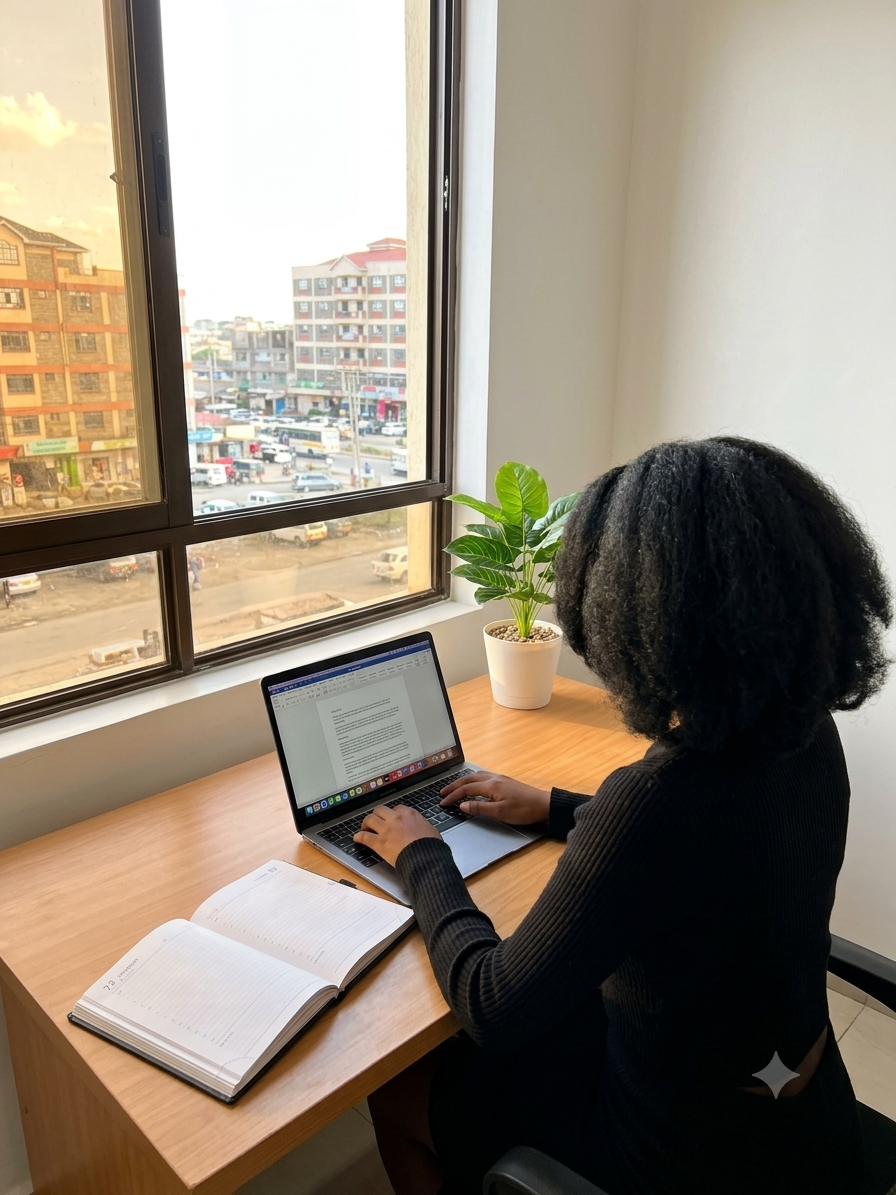 A desk in warm morning light with an open notebook, a laptop showing a university portal, and a cup of chai — the essay writing moment