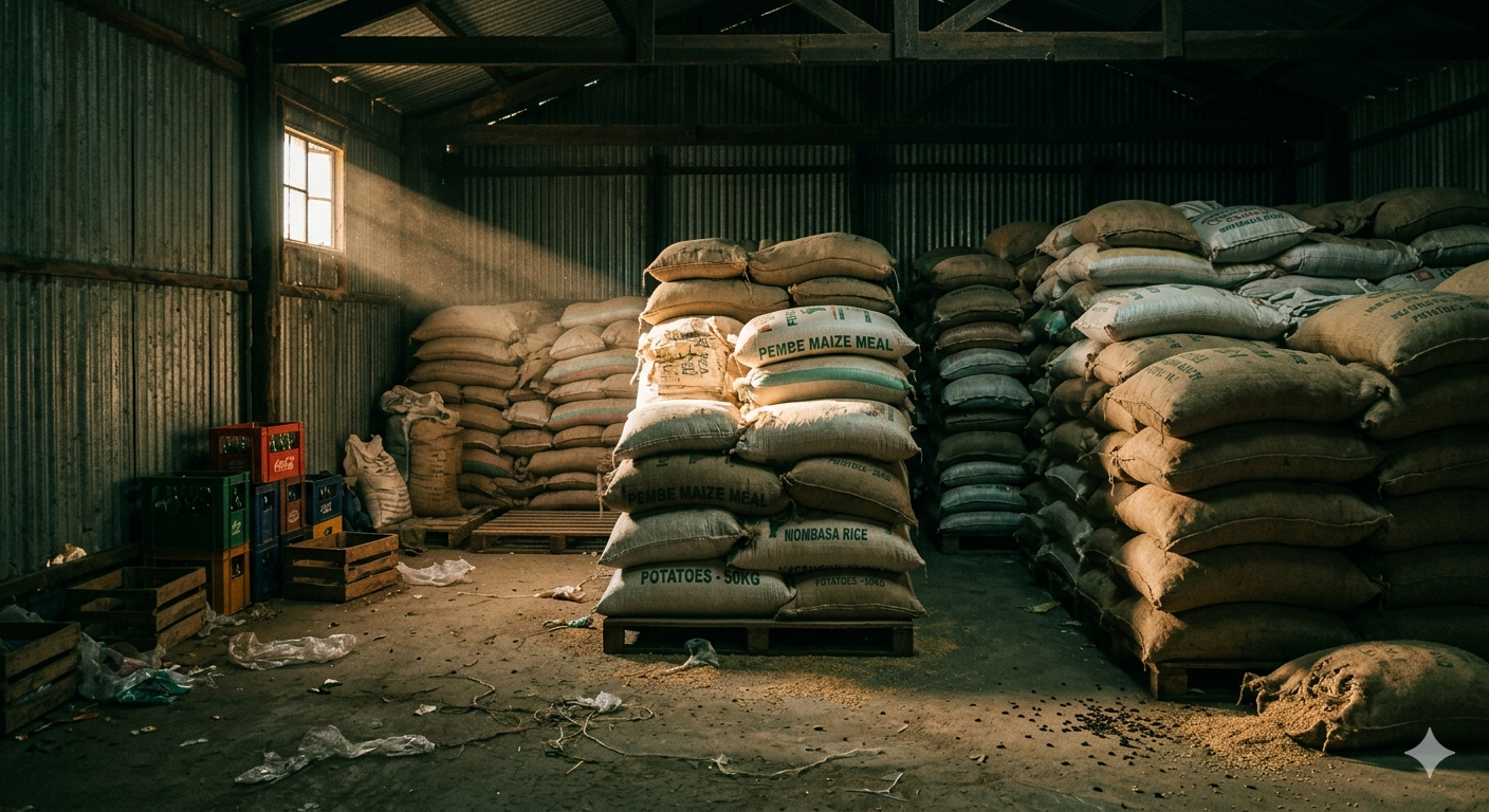 Interior of a dimly lit Nairobi warehouse with sacks of grain and dust particles in shaft of light