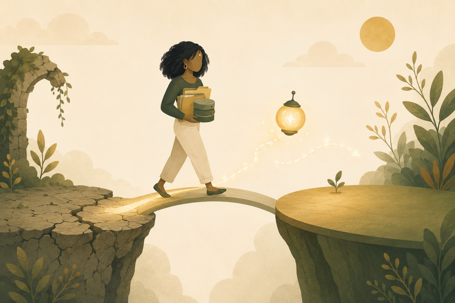 Illustration of a person guided by a glowing light while carrying files and a database icon during an AI-assisted website migration