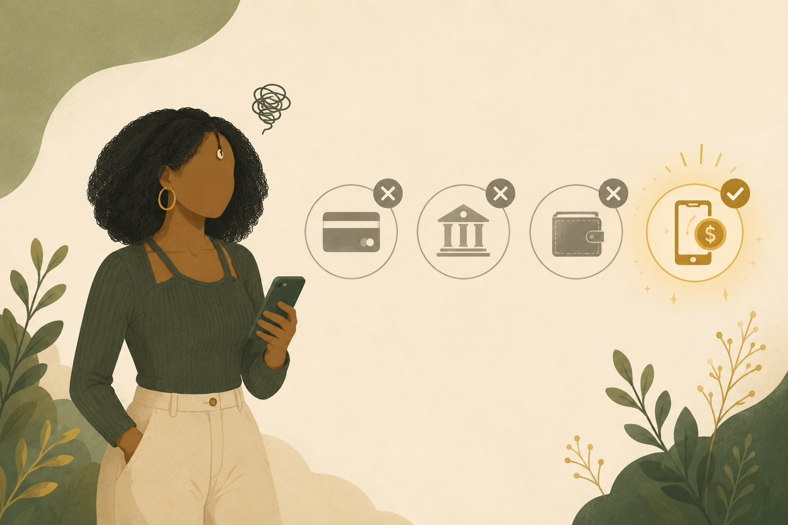 Illustration of a person with a phone beside a row of payment icons, three failed and one successful