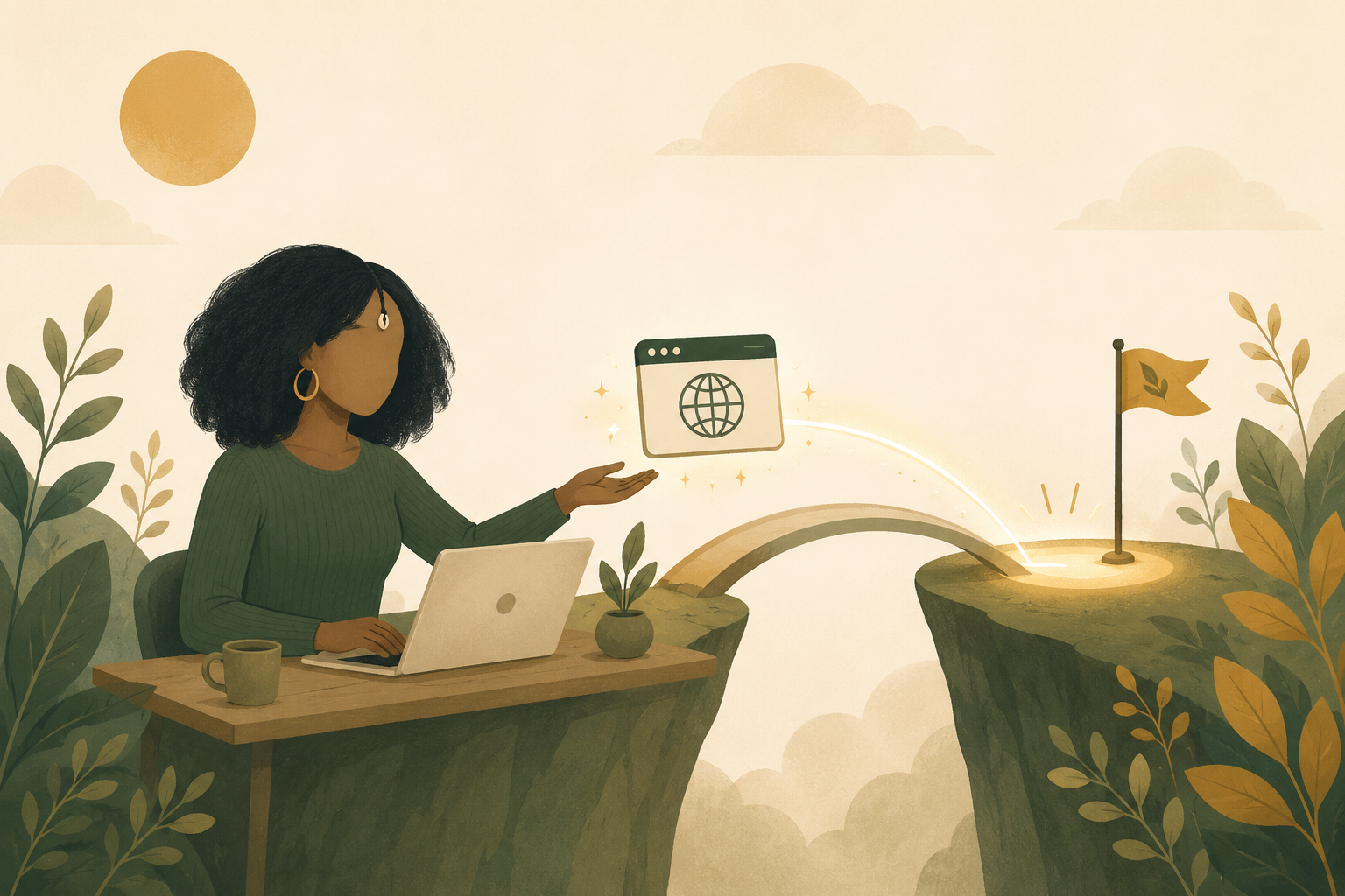 Woman working at a laptop at a simple desk, representing the start of a website hosting migration