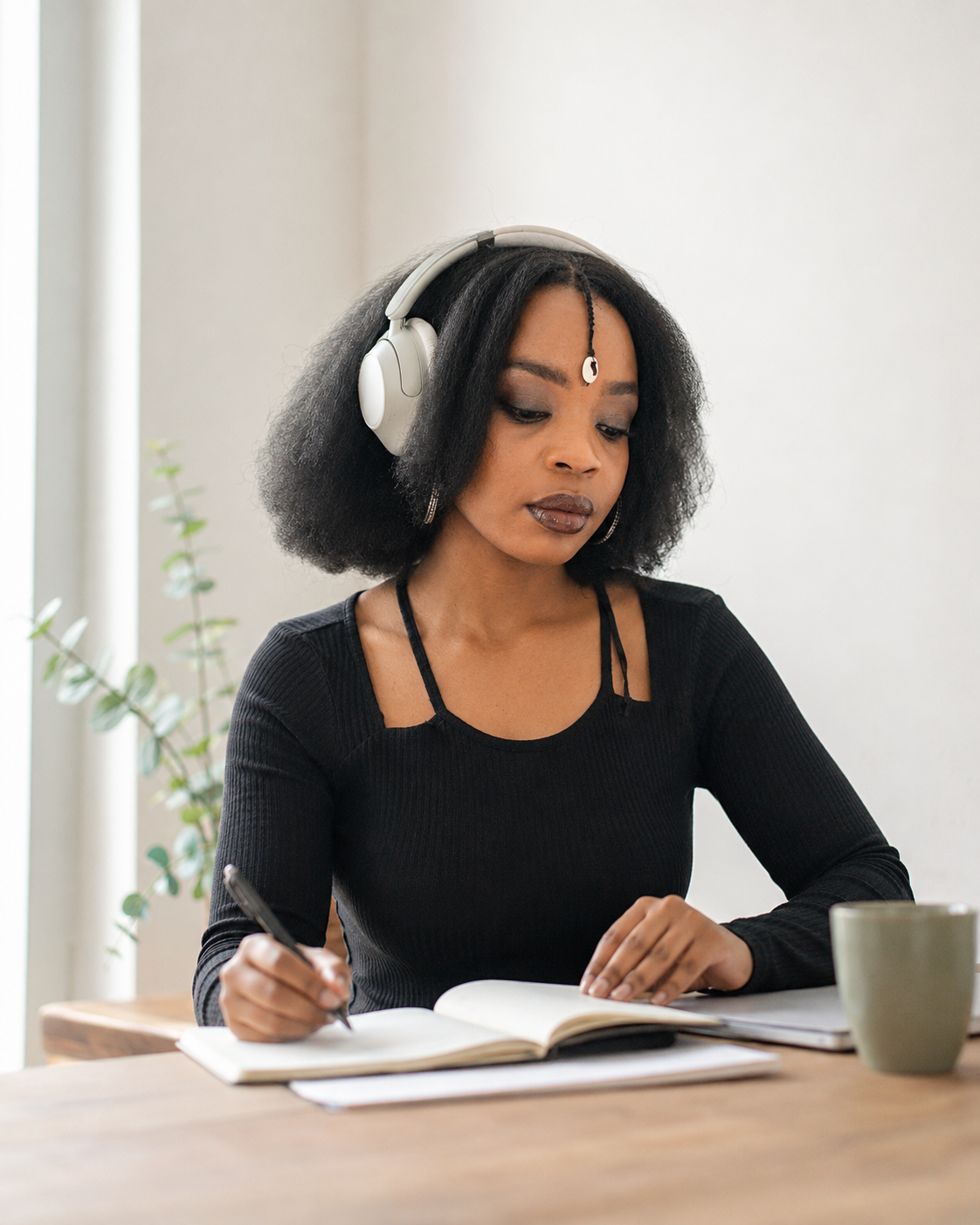 Victoria Musebe at a desk with a closed laptop, representing content moderator trauma and mental health in Kenya's tech industry